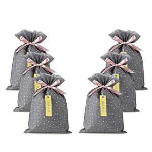 Yatinbos Fabric Gift Wrap Bags, Grey Reusable Cloth Gift Bags Sets of 6 with Drawstring and Tags for Christmas Holiday, Birthday, Wedding or Daily Gift, 12" x 18"…