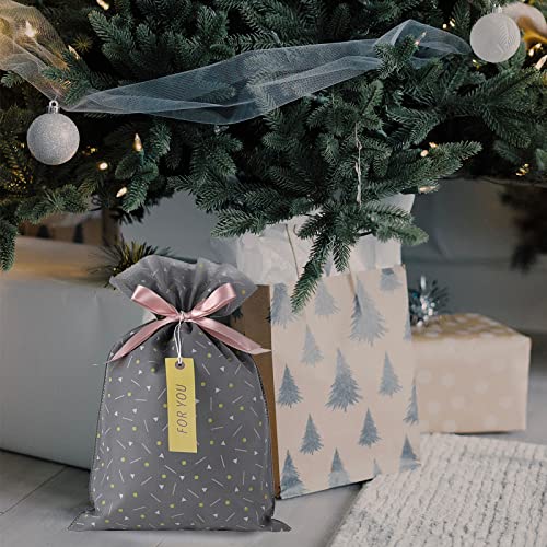 Yatinbos Fabric Gift Wrap Bags, Grey Reusable Cloth Gift Bags Sets of 6 with Drawstring and Tags for Christmas Holiday, Birthday, Wedding or Daily Gift, 12" x 18"…