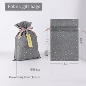 Yatinbos Fabric Gift Wrap Bags, Grey Reusable Cloth Gift Bags Sets of 6 with Drawstring and Tags for Christmas Holiday, Birthday, Wedding or Daily Gift, 12" x 18"…