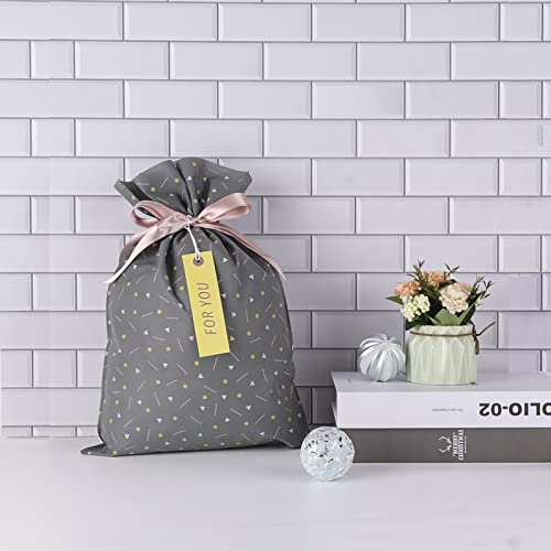 Yatinbos Fabric Gift Wrap Bags, Grey Reusable Cloth Gift Bags Sets of 6 with Drawstring and Tags for Christmas Holiday, Birthday, Wedding or Daily Gift, 12" x 18"…