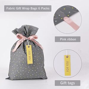 Yatinbos Fabric Gift Wrap Bags, Grey Reusable Cloth Gift Bags Sets of 6 with Drawstring and Tags for Christmas Holiday, Birthday, Wedding or Daily Gift, 12" x 18"…