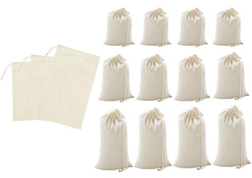 WHITEWRAP Reusable Produce Bags with Drawstrings | Mixed (S, M, L) |12-Pack |Eco Friendly Bags, Food Storage, Natural Cotton, Biodegradable Fabric Bags, Snack Bags, Cloth Bags, Gift Bag