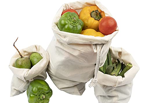 WHITEWRAP Reusable Produce Bags with Drawstrings | Mixed (S, M, L) |12-Pack |Eco Friendly Bags, Food Storage, Natural Cotton, Biodegradable Fabric Bags, Snack Bags, Cloth Bags, Gift Bag