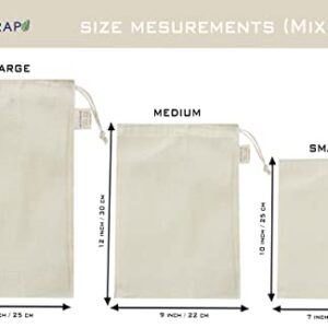 WHITEWRAP Reusable Produce Bags with Drawstrings | Mixed (S, M, L) |12-Pack |Eco Friendly Bags, Food Storage, Natural Cotton, Biodegradable Fabric Bags, Snack Bags, Cloth Bags, Gift Bag