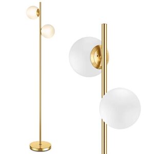 mid century modern 2 frosted glass globe floor lamp for living room,contemporary led standing light, gold corner pole lamp for office bedroom, study room, hotel, antique brass standing lighting