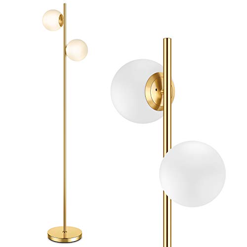 Mid Century Modern 2 Frosted Glass Globe Floor Lamp for Living Room,Contemporary LED Standing Light, Gold Corner Pole Lamp for Office Bedroom, Study Room, Hotel, Antique Brass Standing Lighting