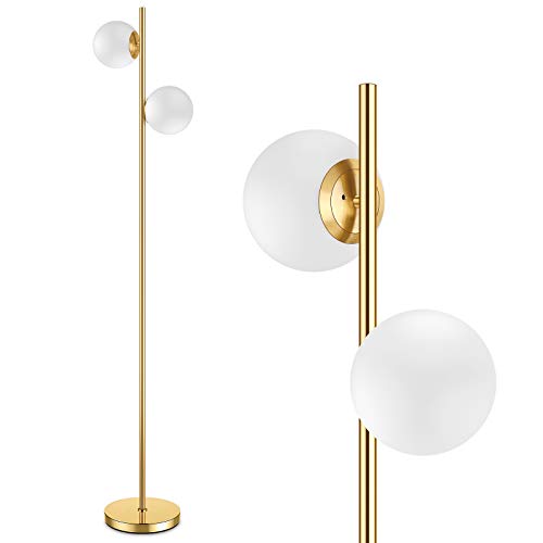 Mid Century Modern 2 Frosted Glass Globe Floor Lamp for Living Room,Contemporary LED Standing Light, Gold Corner Pole Lamp for Office Bedroom, Study Room, Hotel, Antique Brass Standing Lighting