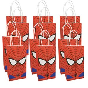 nicelife 12 pieces spider web printed kraft paper goodie gift bags with handle for kids superhero themed birthday party decorations