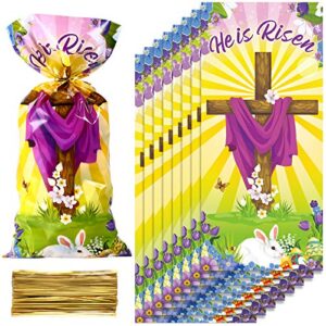 100 pieces plastic easter treat bags, inspiring he is risen sign clear cellophane cookie candy goody treat bags with 100 gold twist ties for easter theme bible school party favor