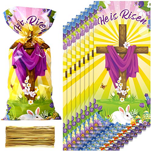 100 Pieces Plastic Easter Treat Bags, Inspiring He is Risen Sign Clear Cellophane Cookie Candy Goody Treat Bags with 100 Gold Twist Ties for Easter Theme Bible School Party Favor