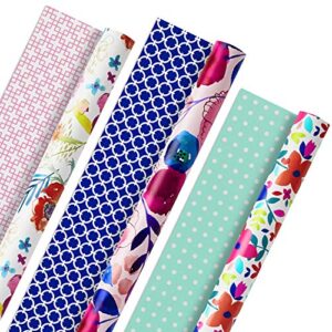 hallmark reversible floral wrapping paper (3 rolls, 120 sq. ft. ttl) pink, blue, green, yellow, bright flowers for easter, mothers day, birthdays, bridal showers, baby showers or any occasion