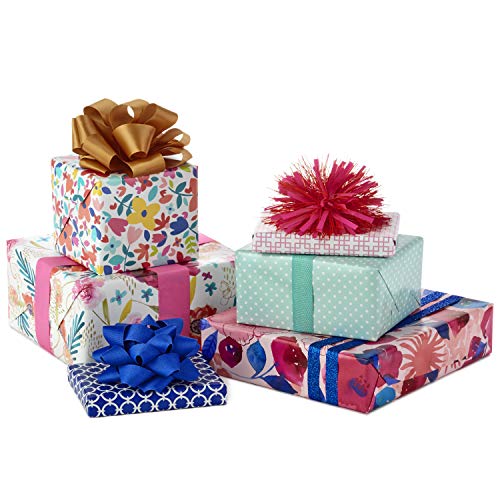 Hallmark Reversible Floral Wrapping Paper (3 Rolls, 120 sq. ft. ttl) Pink, Blue, Green, Yellow, Bright Flowers for Easter, Mothers Day, Birthdays, Bridal Showers, Baby Showers or Any Occasion