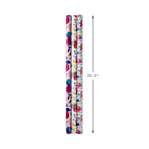 Hallmark Reversible Floral Wrapping Paper (3 Rolls, 120 sq. ft. ttl) Pink, Blue, Green, Yellow, Bright Flowers for Easter, Mothers Day, Birthdays, Bridal Showers, Baby Showers or Any Occasion