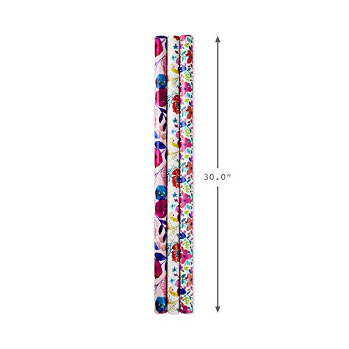 Hallmark Reversible Floral Wrapping Paper (3 Rolls, 120 sq. ft. ttl) Pink, Blue, Green, Yellow, Bright Flowers for Easter, Mothers Day, Birthdays, Bridal Showers, Baby Showers or Any Occasion