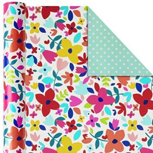 Hallmark Reversible Floral Wrapping Paper (3 Rolls, 120 sq. ft. ttl) Pink, Blue, Green, Yellow, Bright Flowers for Easter, Mothers Day, Birthdays, Bridal Showers, Baby Showers or Any Occasion