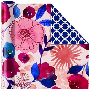 Hallmark Reversible Floral Wrapping Paper (3 Rolls, 120 sq. ft. ttl) Pink, Blue, Green, Yellow, Bright Flowers for Easter, Mothers Day, Birthdays, Bridal Showers, Baby Showers or Any Occasion