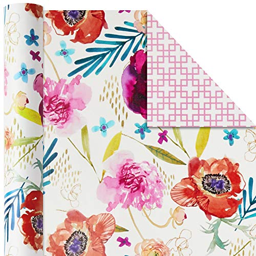 Hallmark Reversible Floral Wrapping Paper (3 Rolls, 120 sq. ft. ttl) Pink, Blue, Green, Yellow, Bright Flowers for Easter, Mothers Day, Birthdays, Bridal Showers, Baby Showers or Any Occasion