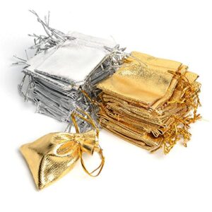 wudygirl 100 pcs 3x4 inches drawstring satin bags mixed gold silver jewelry wedding party marbles coins pouches bag (100 pcs mix gold silver)
