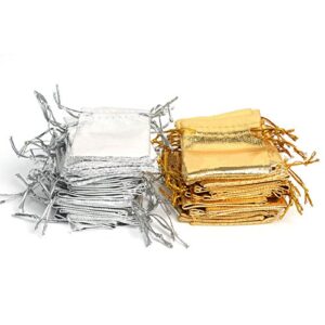 Wudygirl 100 PCS 3X4 inches Drawstring Satin Bags Mixed Gold Silver Jewelry Wedding Party Marbles Coins Pouches Bag (100 pcs Mix Gold Silver)