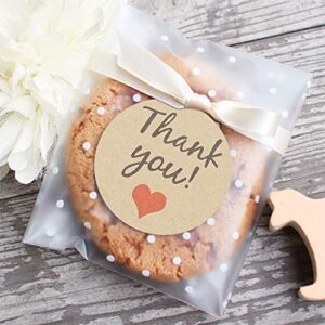 self adhesive cookie bags treat bags, resealable cellophane bags, white polka dot individual cookie bags with thank you stickers for gift giving (3.9”x3.9”, 100 pcs)
