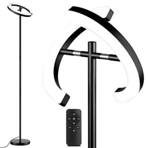 led modern torchiere floor lamp, bright rgb standing lamp with remote, black touch control dimmable color changing 2700k-6000k rotatable halo split tall pole floor lamp for living room bedroom office