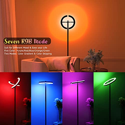 LED Modern Torchiere Floor Lamp, Bright RGB Standing Lamp with Remote, Black Touch Control Dimmable Color Changing 2700K-6000K Rotatable Halo Split Tall Pole Floor Lamp for Living Room Bedroom Office