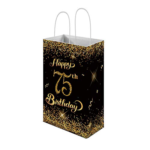 Happy 75th Birthday Gift Bags With Handle, 12-Pack Gold And Black 75 Years Party Favor Bags for Guests, Paper Treat Bag, Present Wrap, Decorations