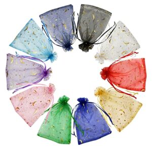 jexila 100pcs moon star organza bags 4”x6” mixed color small jewelry bags with drawstring mesh gift bags for wedding party favor candy bags