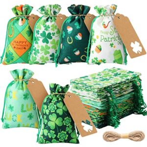 36 pieces st patrick’s day party favor bags burlap gift drawstring bags lucky shamrock cotton candy pouch sacks irish gift treat bag with tags and rope for saint patrick’s day irish party supplies
