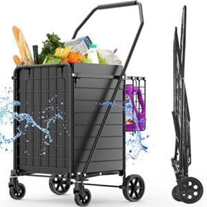 [2023 upgrade] shopping cart with 360°swivel wheels,waterproof liner, double basket,portable foldable grocery cart, folding utility shopping carts for seniors,groceries,laundry,transport