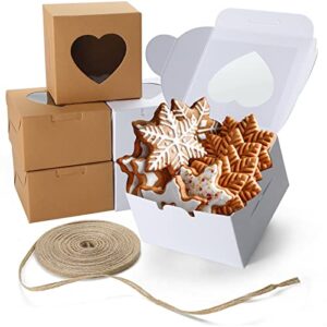 vgoodall 14 pcs white and brown bakery boxes with window 4x4x2.5 inches cupcake gift boxes,18m linen ribbon for bakery wrapping party favor packing treat box