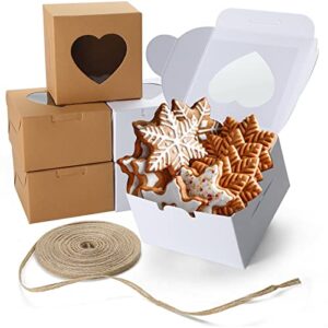 VGOODALL 14 PCS White and Brown Bakery Boxes with Window 4x4x2.5 Inches Cupcake Gift Boxes,18M Linen Ribbon for Bakery Wrapping Party Favor Packing Treat Box