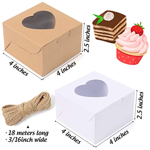 VGOODALL 14 PCS White and Brown Bakery Boxes with Window 4x4x2.5 Inches Cupcake Gift Boxes,18M Linen Ribbon for Bakery Wrapping Party Favor Packing Treat Box