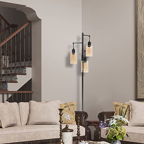 Liylan Farmhouse Floor Lamps Dimmable for Living Room, Oil Rubbed Bronze Tree Standing lamp , 3 Lights Tall Pole Lighting with Amber Glass Shade