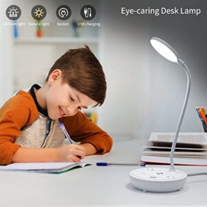 LED Desk Lamp, Eye-Caring Desk Lamp for Home Office, Adjustable Gooseneck Desk Light with 2 USB Charging Port and 2 AC Power Outlet, Super Bright Small Desk Lamp as Bedside Reading Lamp, Study Lamp