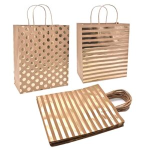 24Pcs 10x12x5" Gold Foil Large Kraft Brown Paper Gift Bags Bulk with Handles,Hotstamp Stripes and Dots,Party Favor/Shopping/ Wedding/Retail/Merchandise/Graduation/Takeouts Craft Bags (Large, brown-2side foil) (Large)