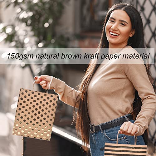 24Pcs 10x12x5" Gold Foil Large Kraft Brown Paper Gift Bags Bulk with Handles,Hotstamp Stripes and Dots,Party Favor/Shopping/ Wedding/Retail/Merchandise/Graduation/Takeouts Craft Bags (Large, brown-2side foil) (Large)