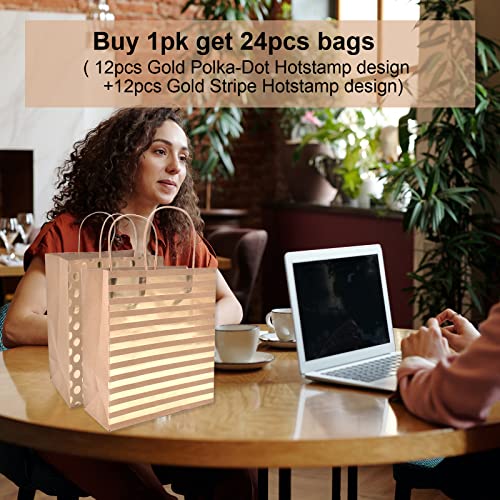 24Pcs 10x12x5" Gold Foil Large Kraft Brown Paper Gift Bags Bulk with Handles,Hotstamp Stripes and Dots,Party Favor/Shopping/ Wedding/Retail/Merchandise/Graduation/Takeouts Craft Bags (Large, brown-2side foil) (Large)