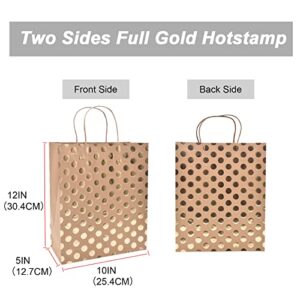 24Pcs 10x12x5" Gold Foil Large Kraft Brown Paper Gift Bags Bulk with Handles,Hotstamp Stripes and Dots,Party Favor/Shopping/ Wedding/Retail/Merchandise/Graduation/Takeouts Craft Bags (Large, brown-2side foil) (Large)