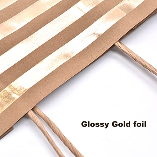 24Pcs 10x12x5" Gold Foil Large Kraft Brown Paper Gift Bags Bulk with Handles,Hotstamp Stripes and Dots,Party Favor/Shopping/ Wedding/Retail/Merchandise/Graduation/Takeouts Craft Bags (Large, brown-2side foil) (Large)