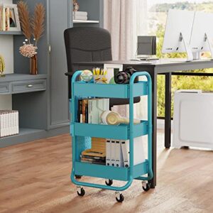 DESIGNA Heavy Duty 3-Tier Metal Rolling Cart,Utility Storage Cart With DIY Pegboard,Craft Art Carts Trolley Organizer with Handle and Extra Office Storage Accessories for Kitchen Office Home,Turquoise