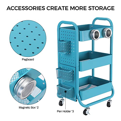 DESIGNA Heavy Duty 3-Tier Metal Rolling Cart,Utility Storage Cart With DIY Pegboard,Craft Art Carts Trolley Organizer with Handle and Extra Office Storage Accessories for Kitchen Office Home,Turquoise