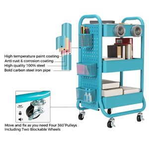 DESIGNA Heavy Duty 3-Tier Metal Rolling Cart,Utility Storage Cart With DIY Pegboard,Craft Art Carts Trolley Organizer with Handle and Extra Office Storage Accessories for Kitchen Office Home,Turquoise