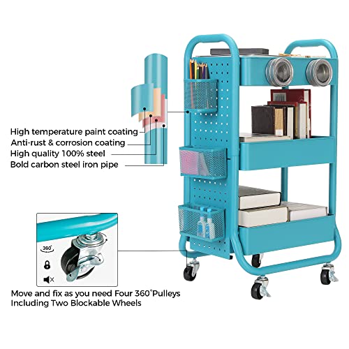 DESIGNA Heavy Duty 3-Tier Metal Rolling Cart,Utility Storage Cart With DIY Pegboard,Craft Art Carts Trolley Organizer with Handle and Extra Office Storage Accessories for Kitchen Office Home,Turquoise