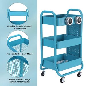 DESIGNA Heavy Duty 3-Tier Metal Rolling Cart,Utility Storage Cart With DIY Pegboard,Craft Art Carts Trolley Organizer with Handle and Extra Office Storage Accessories for Kitchen Office Home,Turquoise