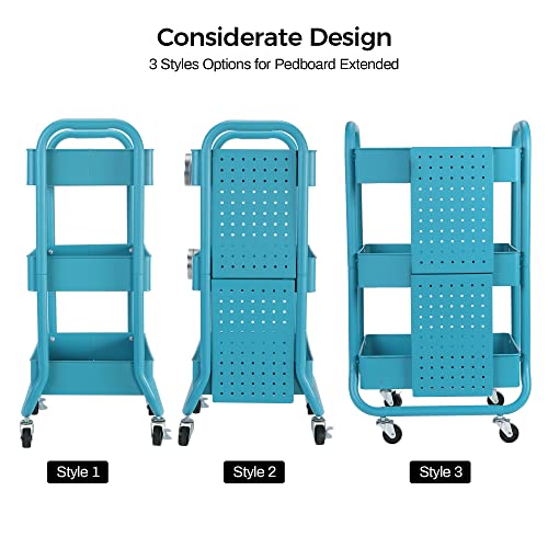 DESIGNA Heavy Duty 3-Tier Metal Rolling Cart,Utility Storage Cart With DIY Pegboard,Craft Art Carts Trolley Organizer with Handle and Extra Office Storage Accessories for Kitchen Office Home,Turquoise