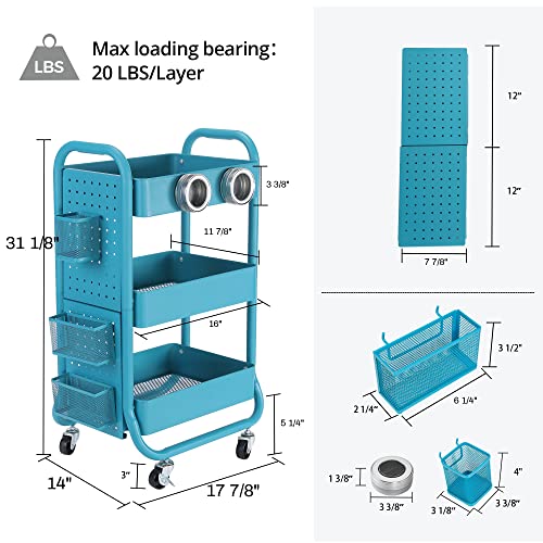 DESIGNA Heavy Duty 3-Tier Metal Rolling Cart,Utility Storage Cart With DIY Pegboard,Craft Art Carts Trolley Organizer with Handle and Extra Office Storage Accessories for Kitchen Office Home,Turquoise