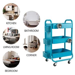 DESIGNA Heavy Duty 3-Tier Metal Rolling Cart,Utility Storage Cart With DIY Pegboard,Craft Art Carts Trolley Organizer with Handle and Extra Office Storage Accessories for Kitchen Office Home,Turquoise