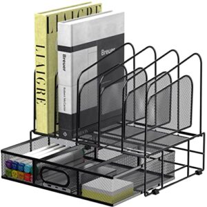 delifox mesh metal desk organizers and accessories storage holder – 5 upright sections and a sliding drawer, desktop file organizer file sorter office supplies organization for home office school