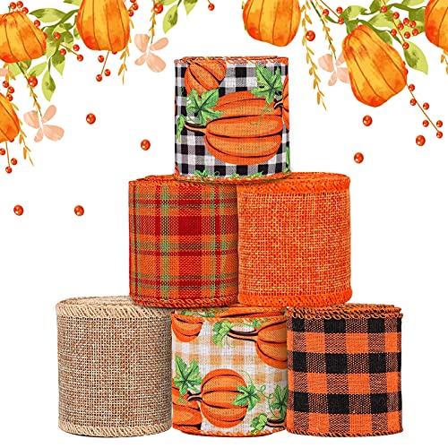 6 Rolls 30 Yards Fall Burlap Ribbon, 2.5″W Buffalo Plaid Wired Edge Ribbon with Pumpkin Pattern Thanksgiving Theme Craft Ribbon Rustic Autumn Harvest Ribbon for Wrapping Gifts Making Wreath Bow